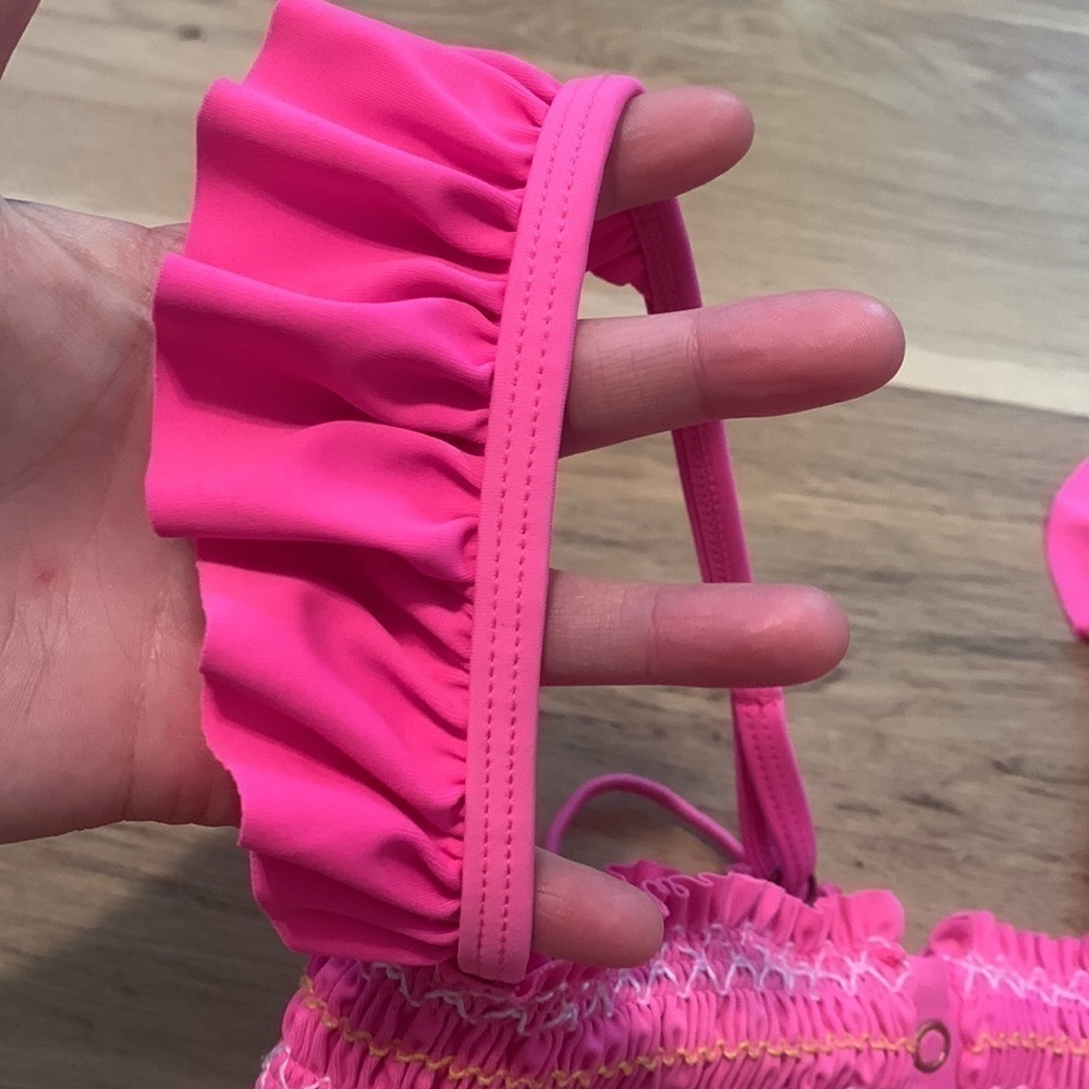 ARIZONA Jean Co. Ruffle Straps Smocked Bandeau Swimsuit Top Hot Pink Women’s M - Picture 3 of 9